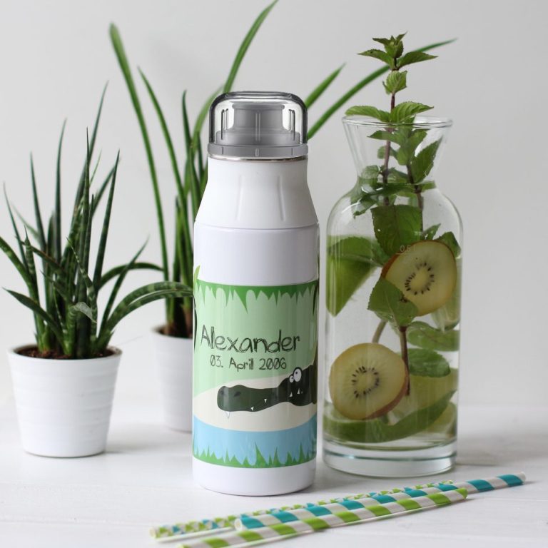 Trinkflasche von alfi mit einem Krokodil neben einer Vase.